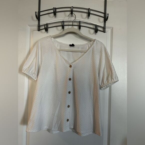 Anthropologie W5 • Button Down Top • White • Swiss Dot • Puff Sleeve • V Neck M - Picture 1 of 9